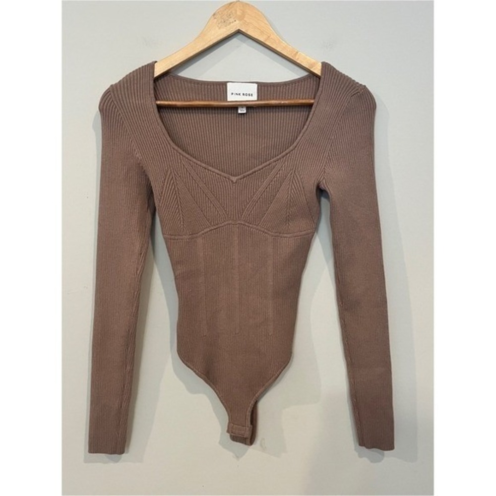 Pink Rose Ribbed Knit Bodysuit Corset Style Soft Brown S Long Sleeve Sweetheart
